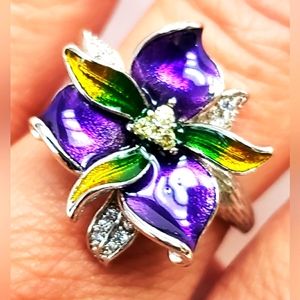 Purple Leaves Flower Sterling Silver Plated Ring Size 9 with Cubic Zirconia